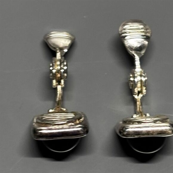 Monet Vintage Silver Tone Clip-On Earrings Black Onyx Cabochons - Picture 3 of 10